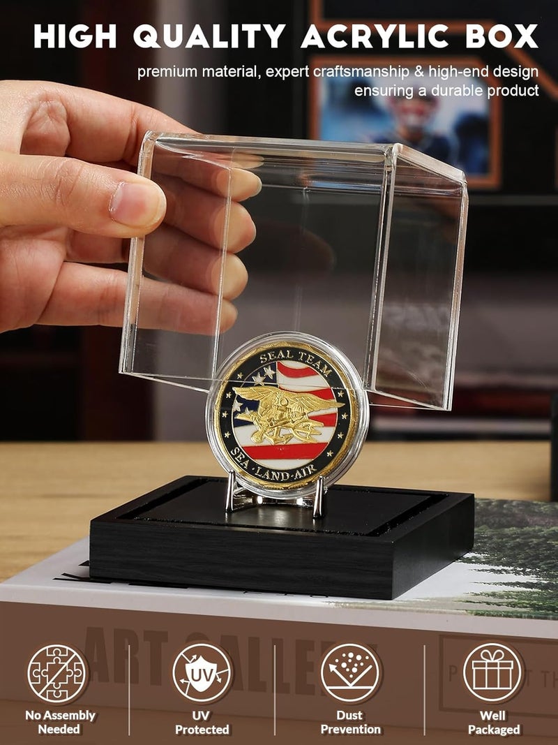 JupDec Coin Display Case, Clear Acrylic Showcase with Wood Base & Alloy Holder for Single Challenge Coin, UV Protection Souvenirs and Collectibles Box, Ideal Gift for Coin Fans, Black - Image 2